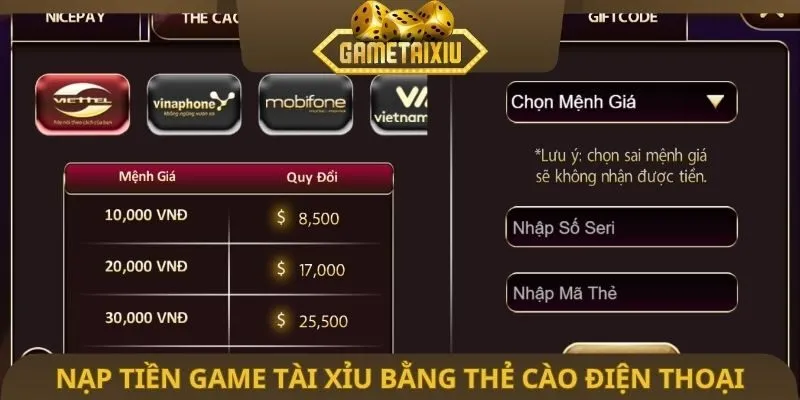 Nạp tiền game tài xỉu bằng thẻ cào điện thoại
